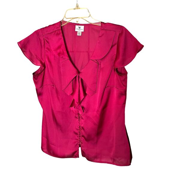 Worthington Pink Button Front Blouse Cap Sleeve Bow Petite Large - Picture 1 of 10